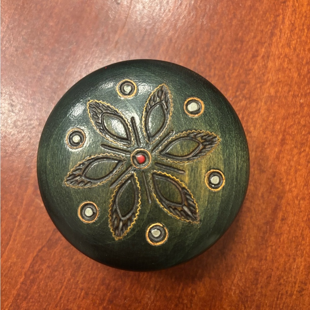 Vintage Hand Made Folk Art Made In Poland Wooden Round Jewelry Trinket Box 3"